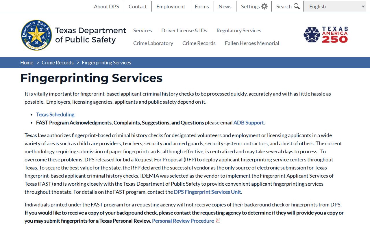Ivanhoe criminal history DPS fingerprinting services