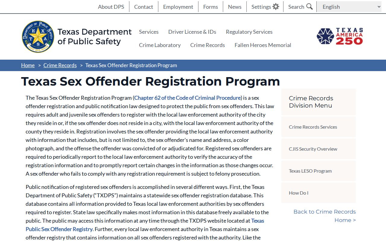 Texas DPS registration program information for Tyler County sex offender records