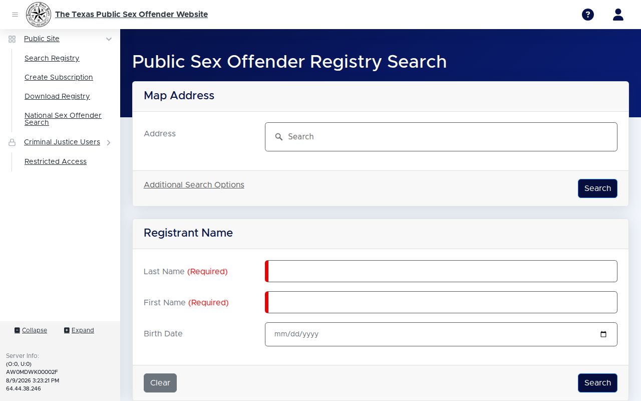 Tyler County sex offender lookup on the Texas DPS registry search